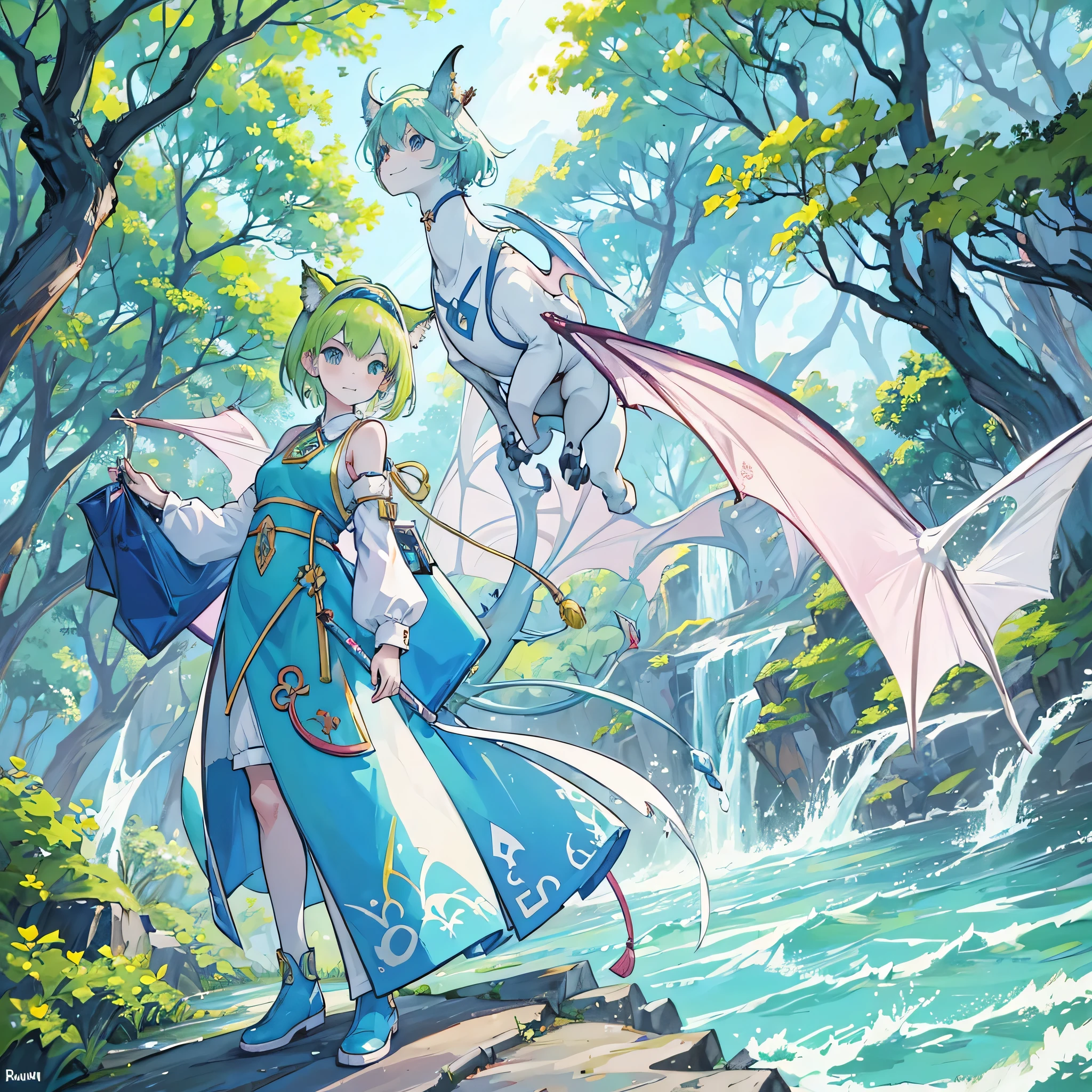 Deltamon, Light green short bob hair、Light green cat ears headband、Exposing shoulder skin、Mechanical legs、light blue tail、pink school bag、light blue dress、White armsleeves、light blue high socks、pink shoes、Triangular metal emblem on chest、Large pocket in the center of the abdomen,break, ((4k,masterpiece,highest quality)), Shuimobisim, traditional chinese ink painting, lotus, maxi kit, alone, smile, Are standing,break,dragon, madeon,(concentration line, speed lines:1.1),A picture of a dragon with a big head and big wings, d&ddragon art commission, magnificent dragon, white dragon, alduin, giant dragon as background, wyvern, legendary dragon, huge dragon in the background, majestic gothic dragon, scarred dragon, like a dragon, dragon、our seeds,anime, dragon, fantasy, artwork,artwork, painting, battle with dragon, dragon in the background, by ヤン・J, man with the soul of a dragon, fighting a dragon, dragon art, i just saw a huge dragon, By Ryan Yee, epic dragon, by Li Zai,(tree,water,nature,sea and forest:1.5), (blue and green:1.4),