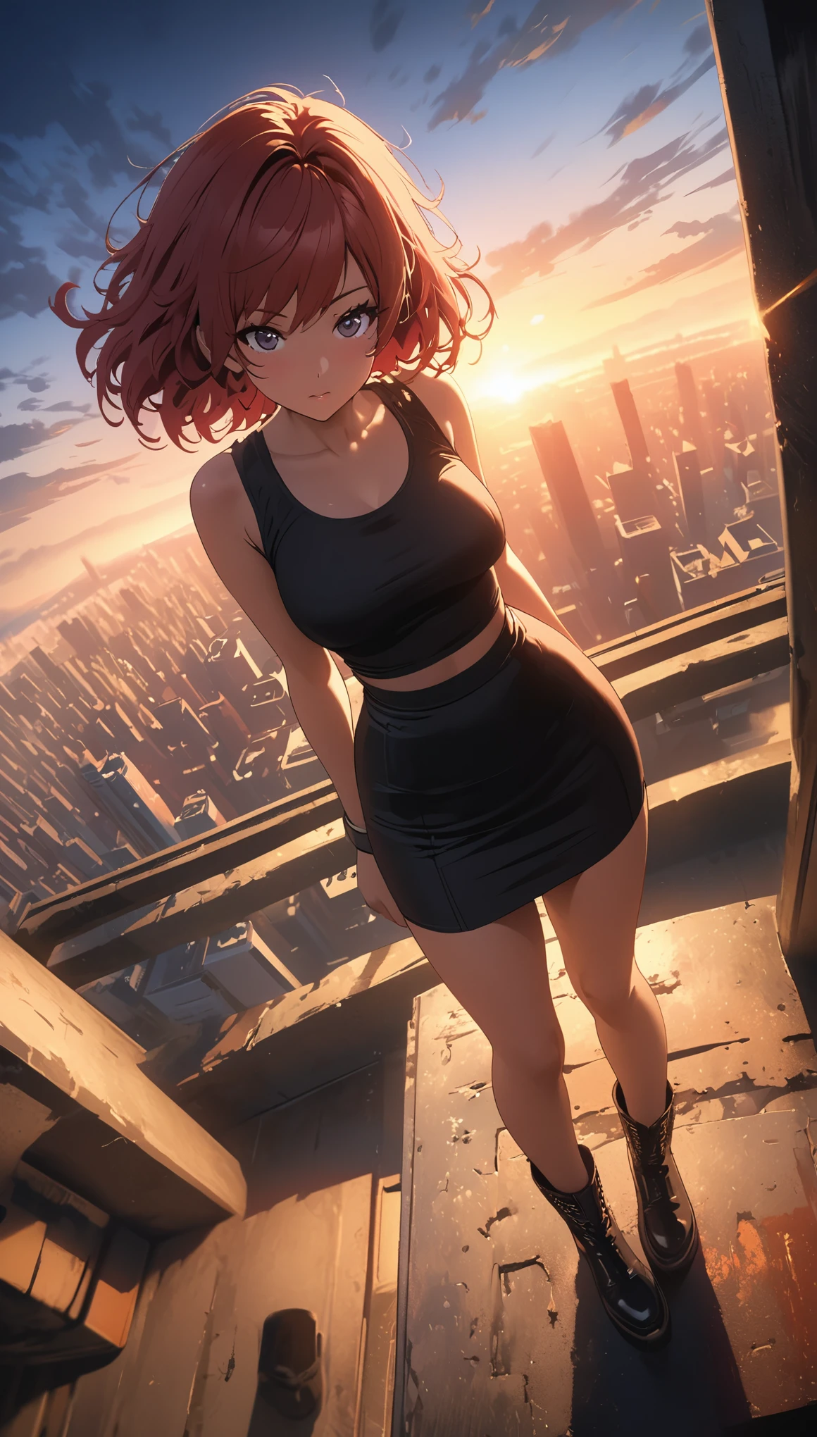 Hojo Tsukasa manga style,((Best Illustration)) brazilian girl, Red hair, body, black top, black bodycon skirt, black boots, city View, architecture, Skyline, Sunset, Silhouette of clouds, Contemplative. ,Horizontal viewing angle,rich and colorful,Japanese manga artist Tsukasa Hojo'style,depth of field,White background,Overclocked renderer,movie lighting,Ultra-fine,super detailed,CG art,