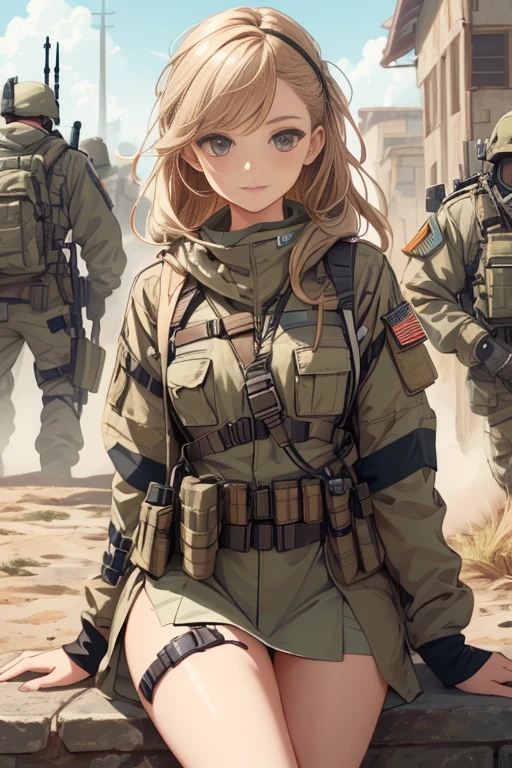 Beautiful female soldier in a green uniform holding a gun,tattered military gear, mechanized soldier girl, oversized mechanical exoskeleton arms and legs,girl in mecha armor,mechanized valkyrie girl,infantry girl,Barely Clothed, cammo patterns,(proportional face),(Neat face,detailed eyes),Beautiful Face,Volumetric Lighting,Reflections,Glossy,sitting with legs open,Full Body Shot,(complicated background),(Delicate images),(Photorealistic: 1.4),(Highly detailed),(high resolution),(Best quality),(masterpiece)