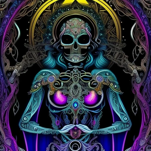 (masterpiece, best quality: 1.2), wide angle, a goddess of death, ultra detailed, highest detail, (body horror: 1.4), bright colors, vibrant colirs, wearing a beautiful flowing transparent gown of silk,perfect gown, (biomachine: 1.3), (bloody: 1.2), perfect skull, perfect voluptuous skeleton, beautiful skull, waves of blue light, light eminating from the goddess, death incarnate, omniscient being(colorful: -1.0), peaceful,iridescent, pearlescent, (machine: 1.3), Hans Giger, (zentangle: 1.2), black petroleum color scheme, glitter, sparkling in the background,peaceful, graceful,