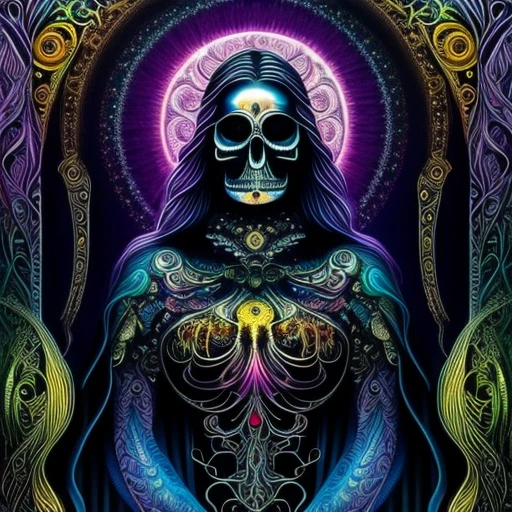 (masterpiece, best quality: 1.2), wide angle, a goddess of death, ultra detailed, highest detail, (body horror: 1.4), bright colors, vibrant colirs, wearing a beautiful flowing transparent gown of silk,perfect gown, (biomachine: 1.3), (bloody: 1.2), perfect skull, perfect voluptuous skeleton, beautiful skull, waves of blue light, light eminating from the goddess, death incarnate, omniscient being(colorful: -1.0), peaceful,iridescent, pearlescent, (machine: 1.3), Hans Giger, (zentangle: 1.2), black petroleum color scheme, glitter, sparkling in the background,peaceful, graceful,
