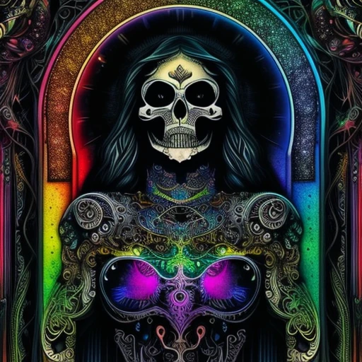 (masterpiece, best quality: 1.2), wide angle, a goddess of death, ultra detailed, highest detail, (body horror: 1.4), bright colors, vibrant colirs, wearing a beautiful flowing transparent gown of silk,perfect gown, (biomachine: 1.3), (bloody: 1.2), perfect skull, perfect voluptuous skeleton, beautiful skull, waves of blue light, light eminating from the goddess, death incarnate, omniscient being(colorful: -1.0), peaceful,iridescent, pearlescent, (machine: 1.3), Hans Giger, (zentangle: 1.2), black petroleum color scheme, glitter, sparkling in the background,peaceful, graceful,