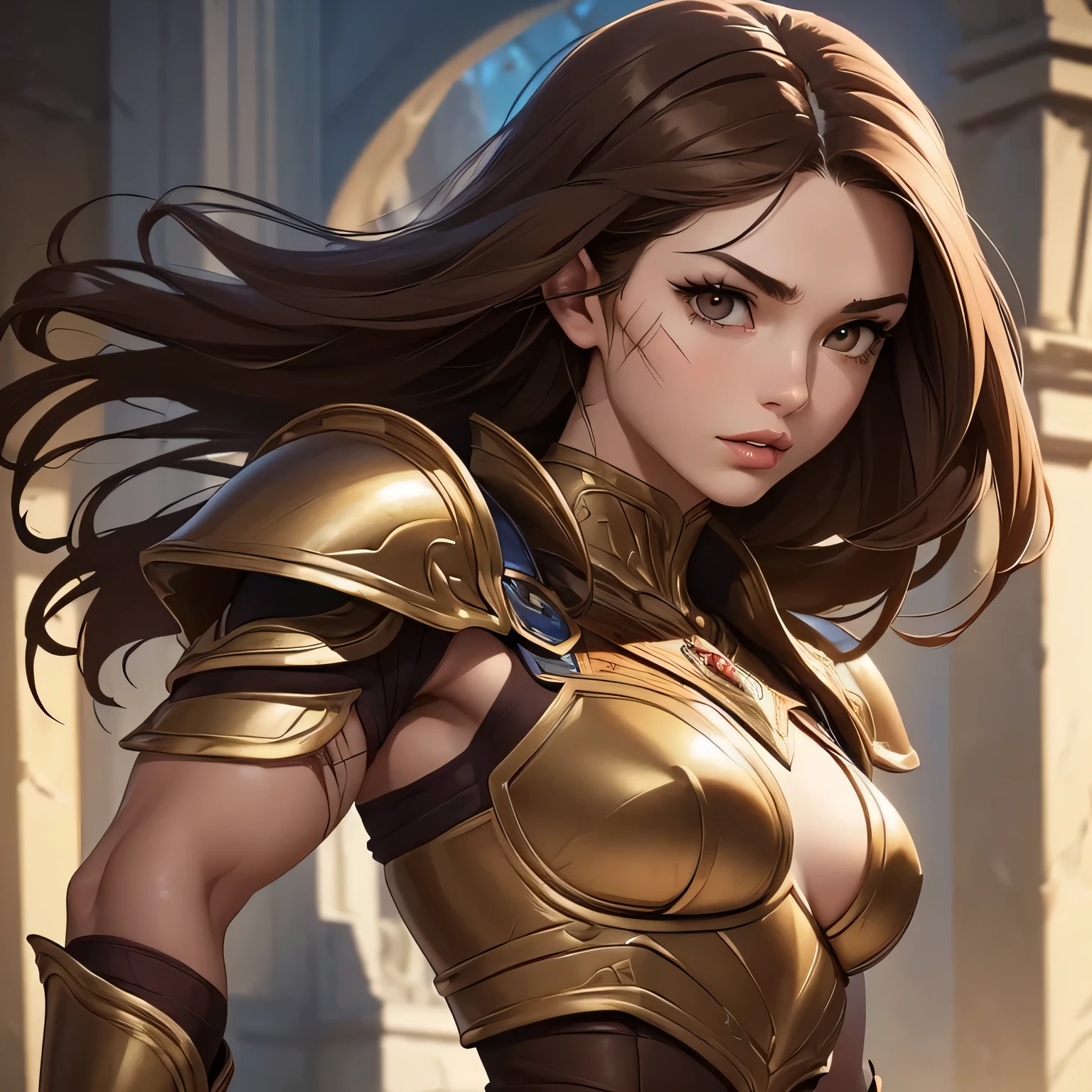 ((Solo)) ((Masterpiece)) ((Perfect Face)) ((Beautiful)) ((Muscular Figure)) ((Small Breasts)) ((Warrior Woman)) ((Long brown Hair)) ((fantasy armor)) ((Pale Skin)) ((Brown Eyes)) ((Thin Scars)) ((Full Lips)) ((Prominent Nose))