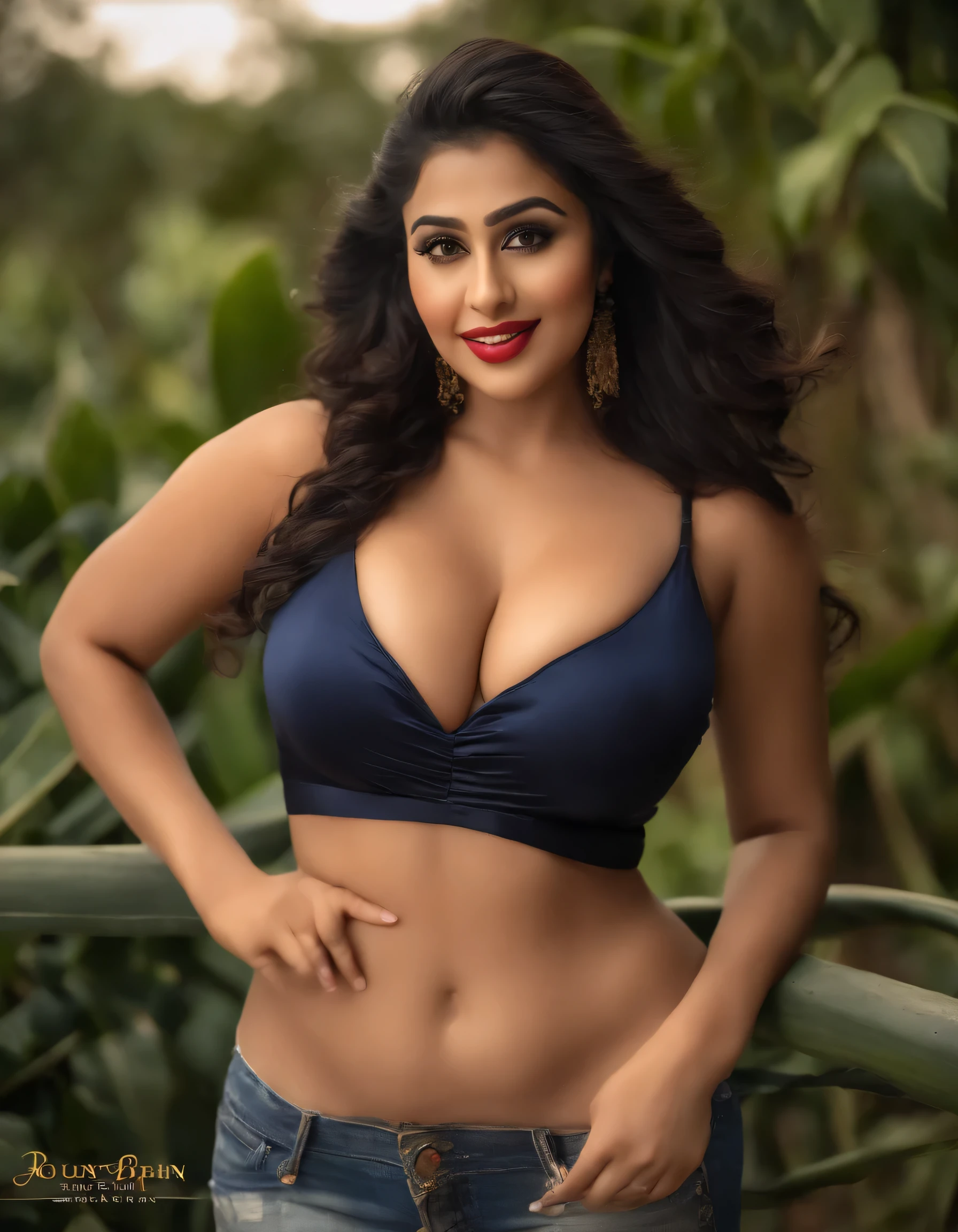 , solo, long hair, curly hair, looking at viewer, smile, makeup, blonde hair, brown eyes, teeth, grin, lips, portrait, realistic, professional Photography, Photorealistic, detailed eyes, RAW, analog, sharp focus, 8k, HD, DSLR, sexy sadi choli (huge breasts:1.4), (extremely unnatural big oversized huge tits:1.4), (big cleavage:1.4), thick thighs, large ass, wide hips, curvy, busty, (crowded Jhuki Hui Piche dekhna