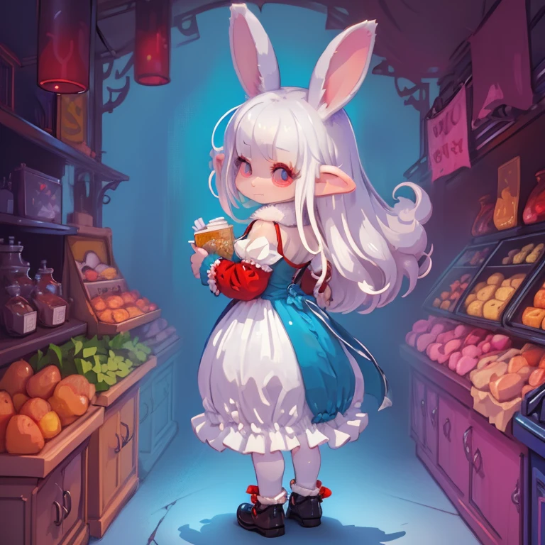 Voxels,(3D Big Pixel Art,3D Pixel Art),White background,Large pixels, there is a old rabbit man,girl(3D Pixel Art:2.0,Chibi,cute,kawaii,,white hair:1.8,long hair,rabbit ear,white dress,red eyes,big eyes,skin color white,big black hairbow,she bought French breads from old man),#background(at classic bakery,shop owner is a old man),(3D Pixel Art),(from back:1.4)