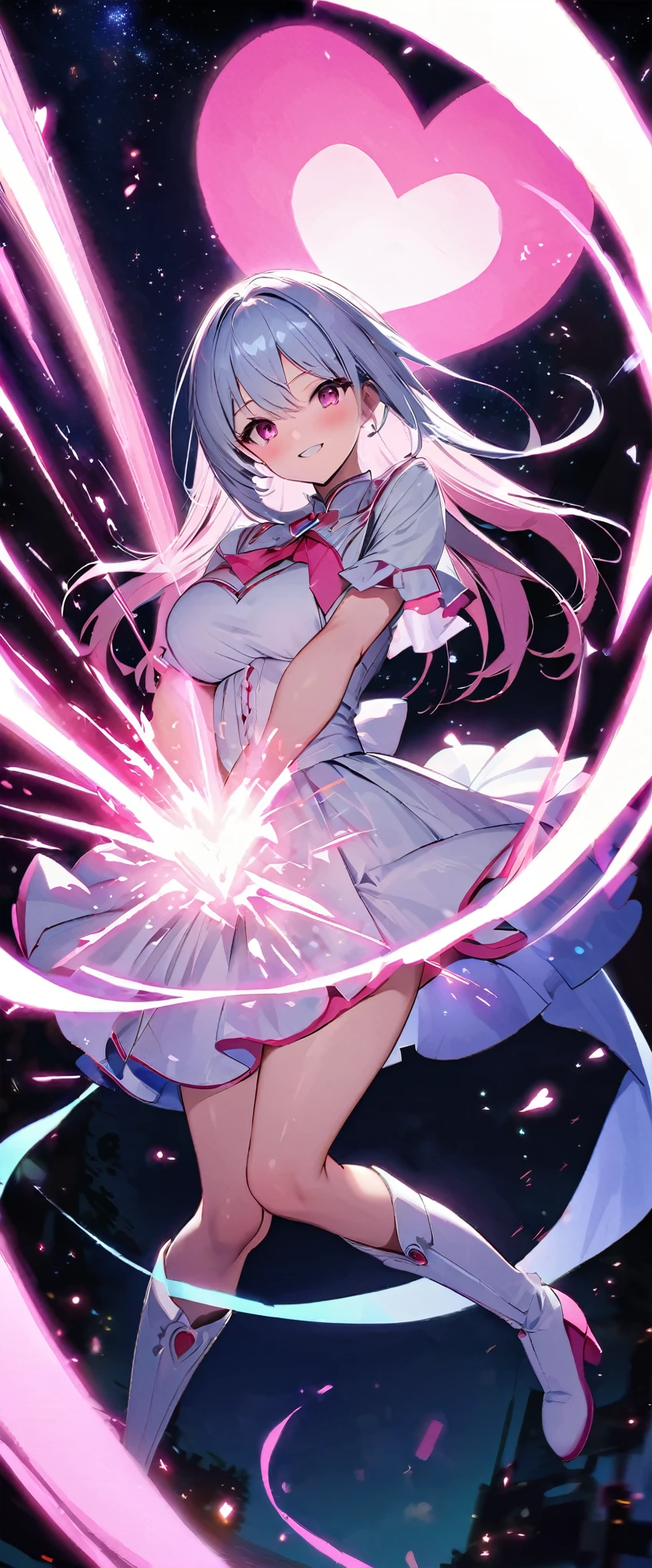 masterpiece、be familiar with、16k、shiny skin、1 girl、(Magical girl flying in the night sky)、(have a magic wand:1.3)、exploding universe、big breasts、big ass、(thigh focus)、pink long blonde、ponytail、brown eyes、(非常にbe familiar withな目と顔)、accurately drawn face、(intricate pink and white dress)、Layer Dresses、super mini skirt、white leather knee high boots、bright contrast colors、Intricately designed details、Particles of light surround her、(heart shaped pink effect:1.5)、(dynamic pose)、(Ghost Smile)、(open your arms:1.5)、(Sparks dance in the night sky:1.3)、(view from above)、