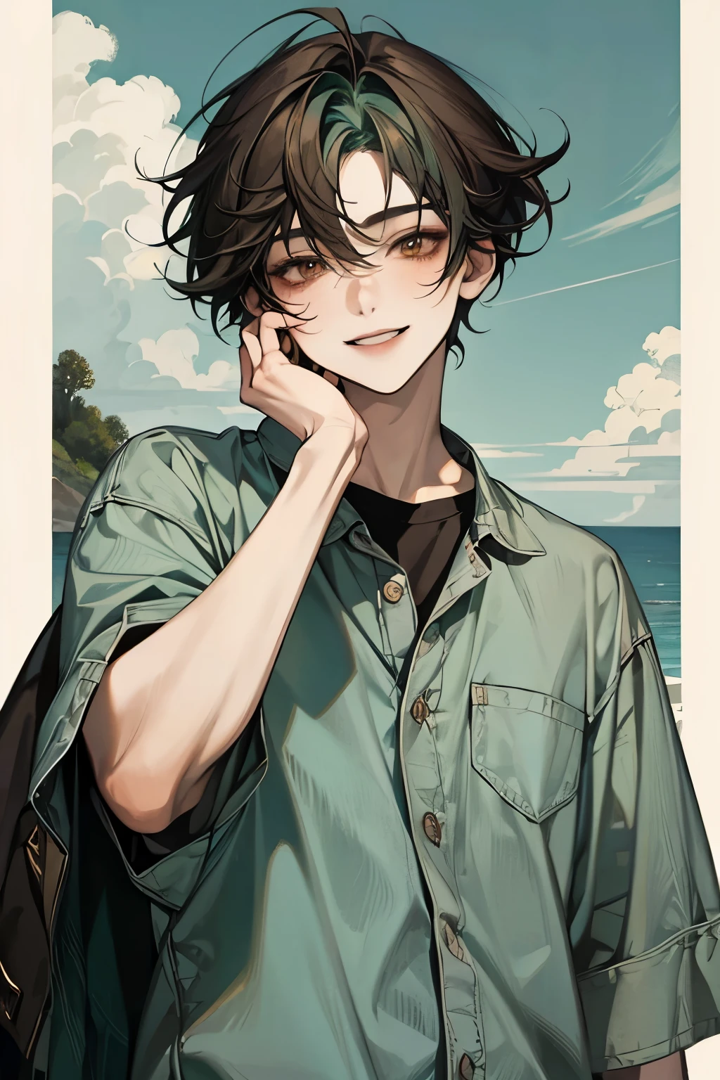 Masterpiece, best quality, solo, male, black hair,  medium hair, ocean green hair tips, brown eyes, casual clothes, smile facial