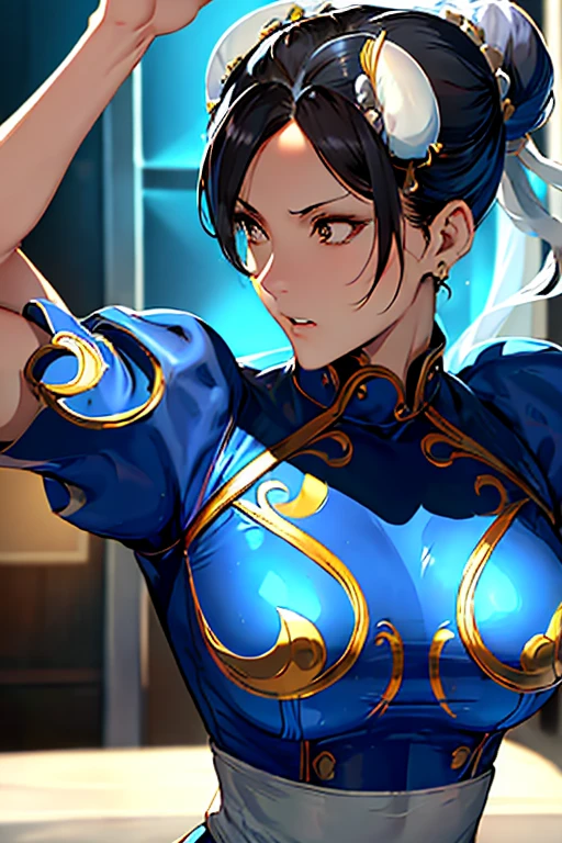 Chun-Li, the iconic character from Super Mario, depicted as an astronaut, exudes confidence as shedonsexplore the unfamiliar expanse of outer space. Dressed in a sleek, form-fitting space suit, her trademark ponytail bounces freely as she gazes out of the window of her state-of-the-art spaceship. The intricate details of her armor shimmer under the top light, the reflections casting a cinematic scene. With a determined look on her face and a low camera angle capturing her every emotion, Chun-Li embarks on this intergalactic adventure, ready to tackle any challenge that comes her way. ISO20