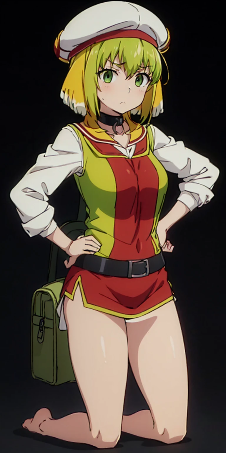 ((black background)) kneel on WHITE sheet, short bob hair green hair, GREEN EYES, _uniform,yellow hat,red school bag, leather choker collar slave , (hands on hips, clenching fist 👊 ✊️)