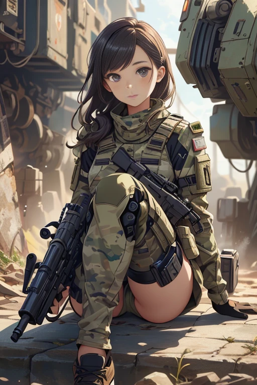 Beautiful female soldier in a green uniform holding a gun,tattered military gear, mechanized soldier girl, oversized mechanical exoskeleton arms and legs,girl in mecha armor,mechanized valkyrie girl,infantry girl,Barely Clothed, cammo patterns,(proportional face),(Neat face,detailed eyes),Beautiful Face,Volumetric Lighting,Reflections,Glossy,sitting with legs open,Full Body Shot,(complicated background),(Delicate images),(Photorealistic: 1.4),(Highly detailed),(high resolution),(Best quality),(masterpiece)