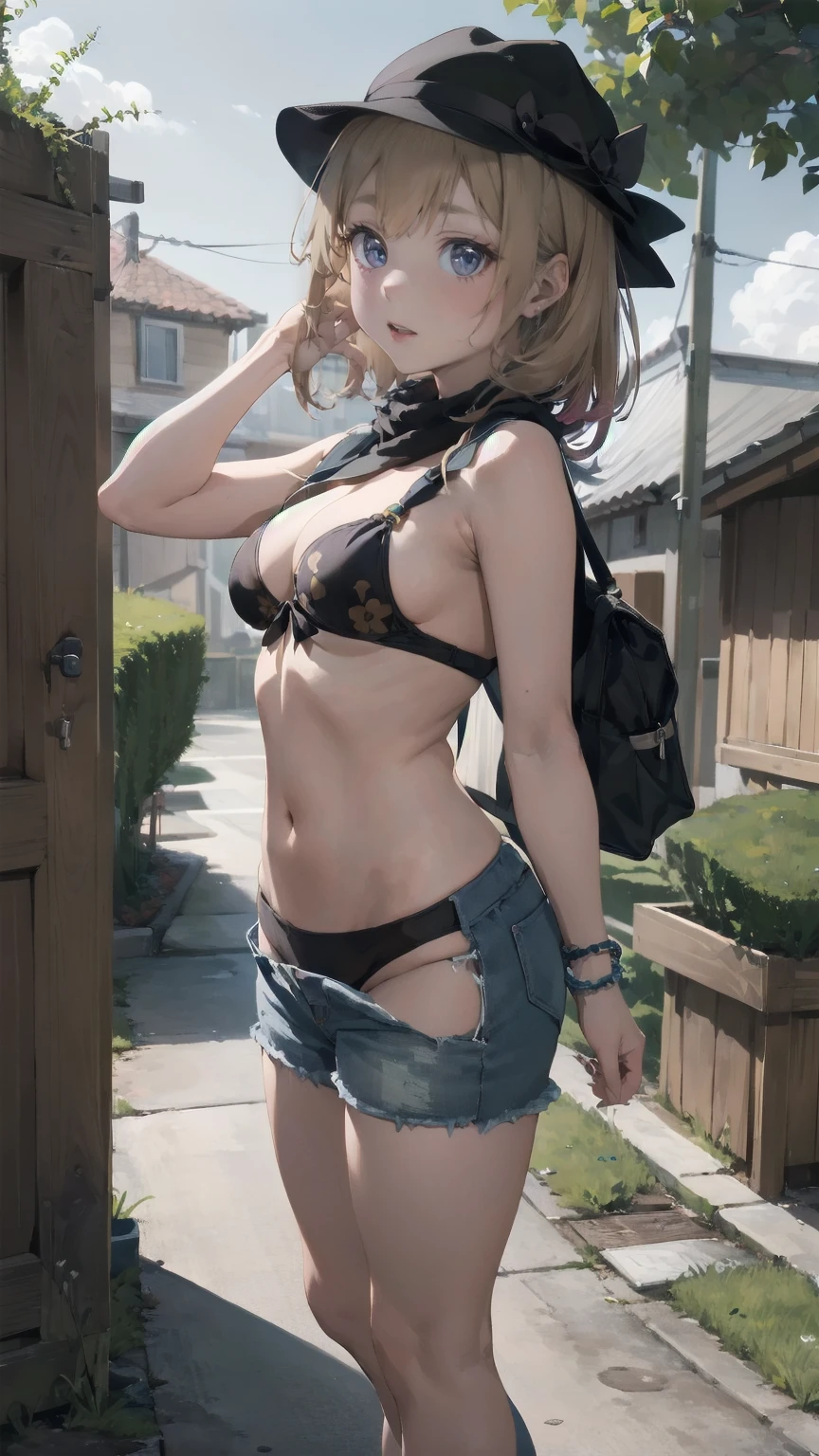 chef-d'artwork, best quality, high resolution, marin de Kitagawa, grand angle, lancer, d'en haut, 1fille, cheveux blond, cheveux longs, cheveux multicolores, hair lifted by the wind, yeux rouges, bijoux, Collier, foulard, bikini noir, floral print, Bracelet, tie side bikini bottoms, tir de cow-boy, dans le jardin de tournesols, soleil brillant, porter une chemise à épaules dénudées et où l'on vois le débutde ça poitrine, un short en jean, full body view, debout, sourire, tout droit, un bras tient le chapeau, air circulant et nois regarde (pose sexy)