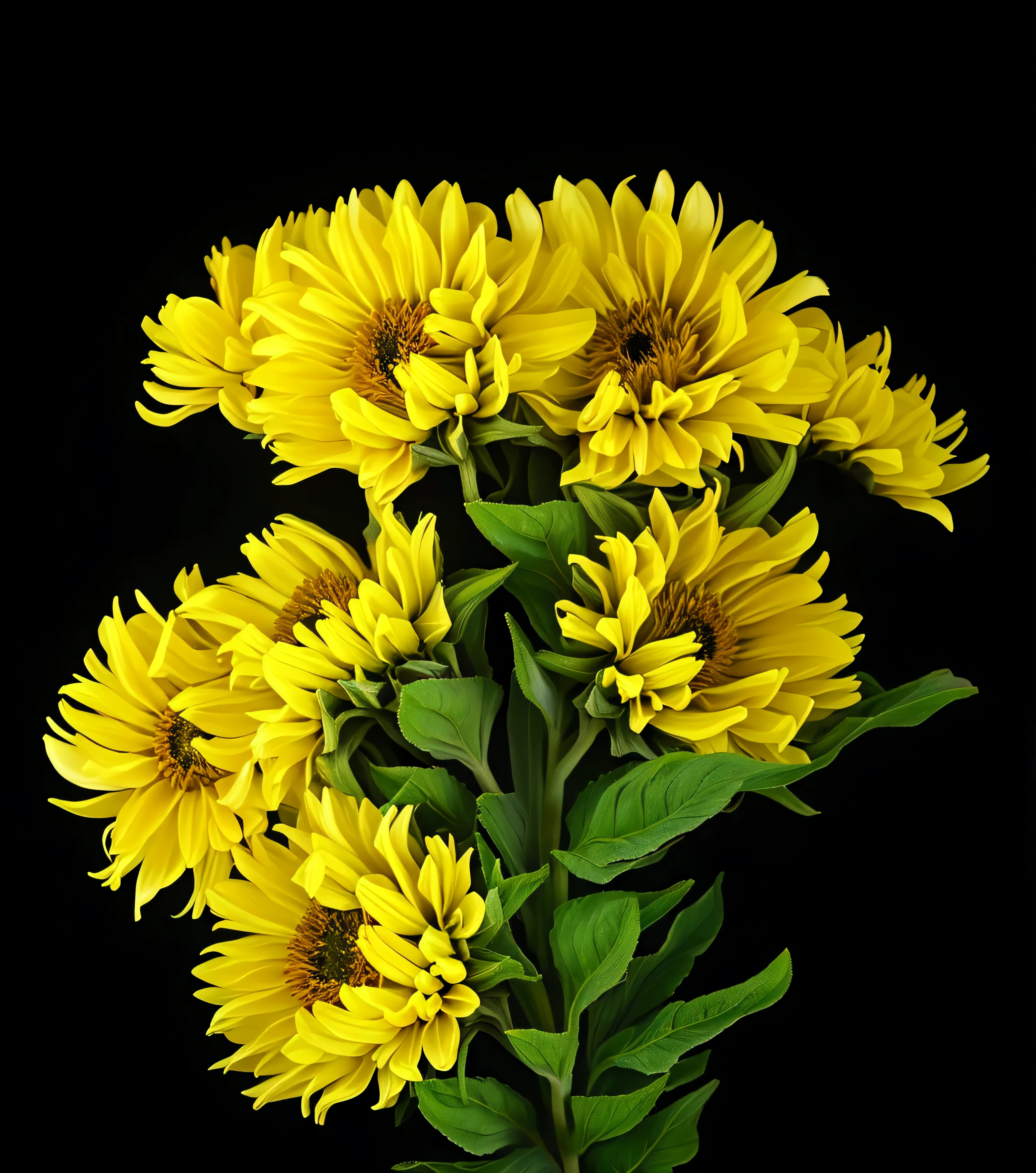 yellow flowers in a vase on a black background, yellow flowers, full of yellow flowers flowers, with yellow flowers around it, black and yellow colors, chrysanthemum eos-1d, chrysanthemums, chrysanthemum, on black background, green and yellow colors, yellow colors, bright on black, yellow and green, colors: yellow sunflowers