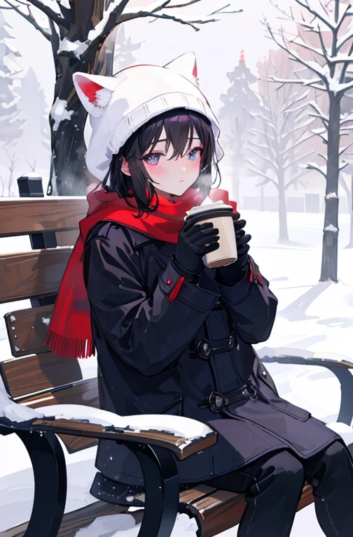 (best quality, masterpiece), (male focus:1.2), (1boy:1.2), solo, cute boy, looking up at snowfall, sitting on bench, enjoying coffee, steam out of coffee, holding coffee, coffee, black hair, short hair, hair between eyes, violet eyes, big eyes, blush, steam out of mouth, steam around, black coat, red scarf, down mittens, winter hat with cat ears, outdoors, park, scenery, winter, snow, falling snow, snowdriffts, trees, bench, cold, trembling, white particles, evening, cloudy, shadow, getting dark, purple light, glitter, vman, 1girl, white background, sketch, QUICKHANDS