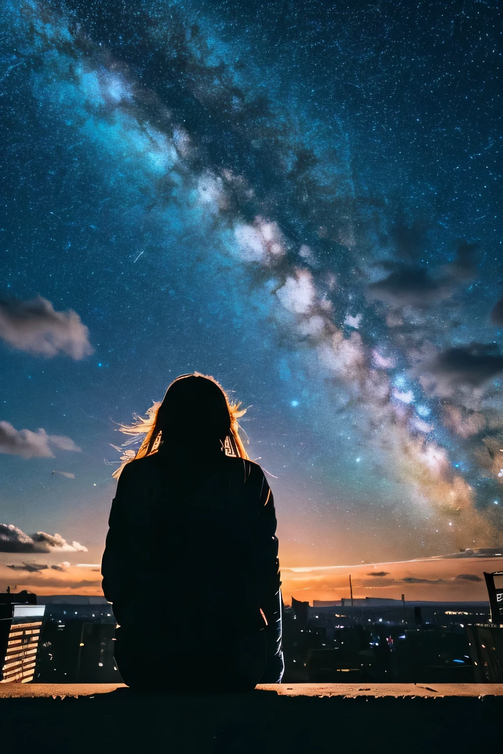 highest quality,Are crying, star (null), scenery, starry null, night, 1 girl, night null, alone, outdoor, building, cloud, milky way, sitting, wood, long hair, city, silhouette, cityscape