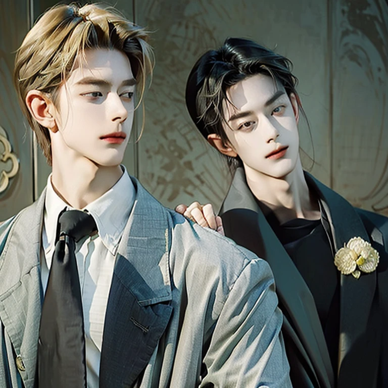Two boys back to back a blonde boy with a relaxed expression green eyes wavy hair tall 1.90 black suit and the other a boy with slanted eyes black eyes wavy black hair a serious expression tall 1.86