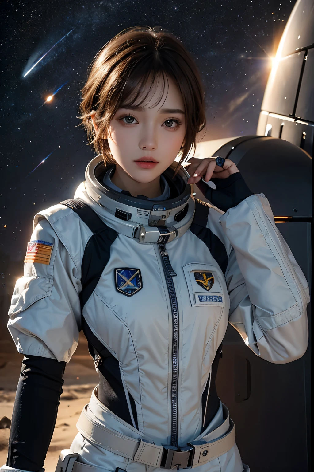 highest quality、masterpiece、ultra high resolution、(real:1.4)、Beautiful woman1、Beautiful details of eyes and skin、light brown short cut hair、latest space suit、space station、spaceship、Remains、cloudy sky、