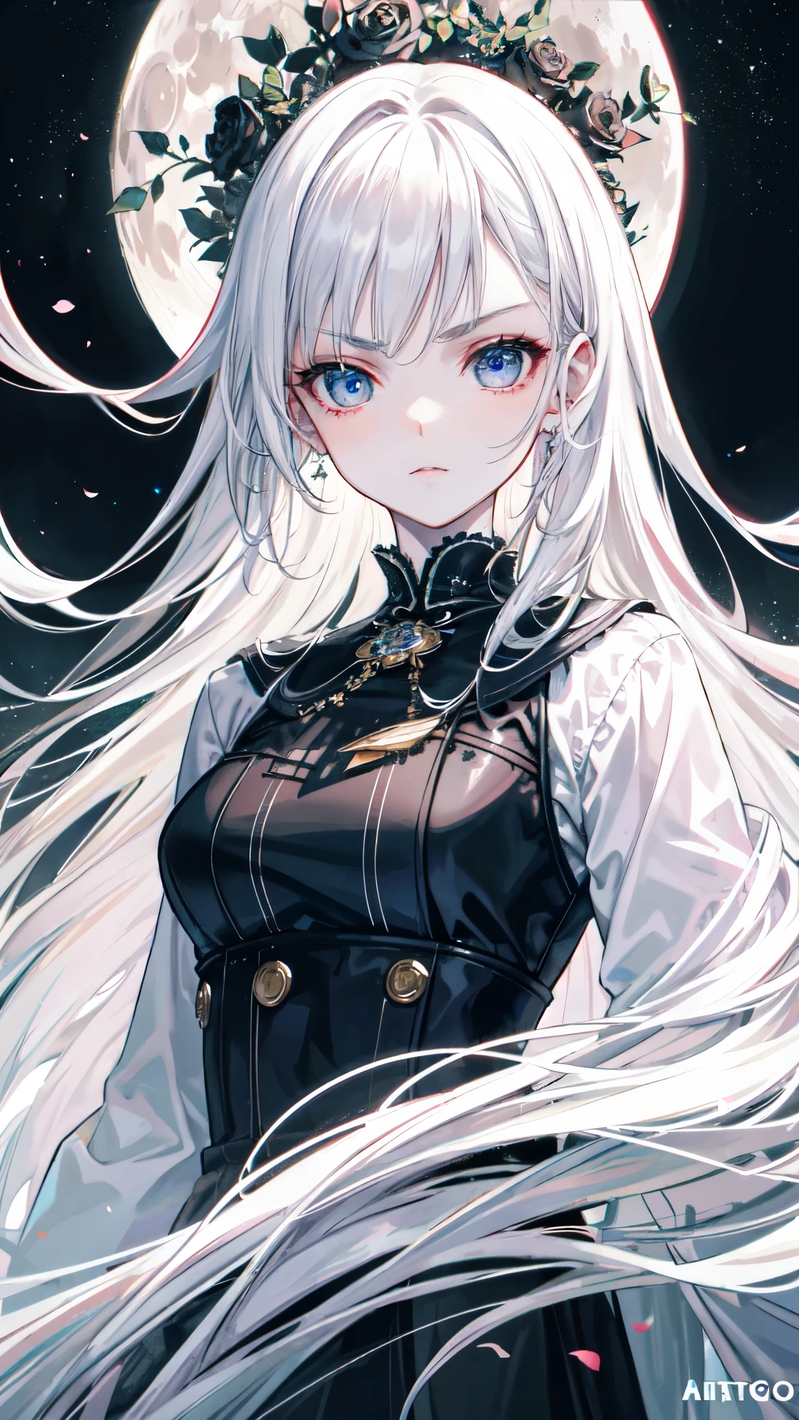 masterpiece, highest quality, (solo focus), (perfect face:1.1), (high detail:1.1), (hyper detailed eyes), dramatic, 1guy, (pale skin), long white hair, ethereal eyes, (light eyebrows), solo, long hair, JTiago Azevedo, moon, night, white luxury suit, pouty lips, fur, proud expression,beach, detailed background, art by artgerm, cinematic lighting, roses, fashion, BalenciagaStyle