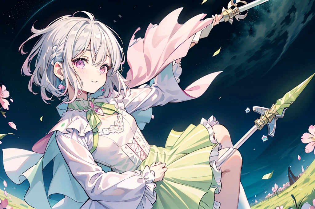 (best quality), (top-quality), (hight resolution), 8K images, (masterpiece), ((perfect face)), (detailed face), (detailed eyes), (clear lines), hair strand,Light skin, ((1girl)), (solo), beautiful fantasy anime, top rated on pixiv, ((short hair)), (expressive eyes), (perfect eyes), (((light_pink eyes))), perfect face, smiling, (white silver hair), (white hair), braided bangs, wind blowing hair, hair over eyes, earrings, {{{{{{{super flat chest}}}}}}}, {{{{{{{flat chest}}}}}}}, (flat chest), ((holding an magical ice scepter)), (aiming), (little silver tiara), (((lime green dress))), (((lime green outfit))), ((cape)), (frilly outfit), (lolita style), (lolita fashion), (cherry blossom), (many crystals), vintage style, (broken crystals), (in a gemstone sea), (night sky with full of stars), (magic circles), game spash art, fantasy, modern art, cool light --ar 3:2, (wide shot), excited pose
