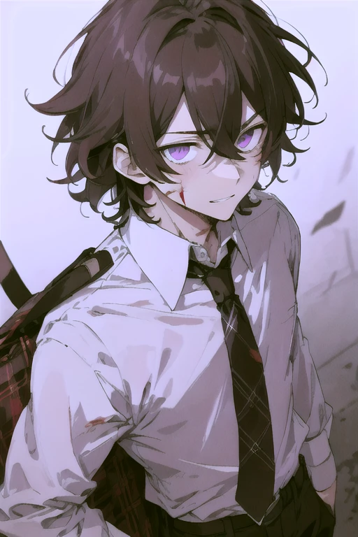 kuroume_1024,bags under eyes, yanderemasterpiece, best quality, ultra-detailed, (1boy), ((masculine)), ((male face)), handsome, black purple hair, purple eyes, hollow eyes, (( disheveled shirt, white collared shirt, tie black plaid uniform pants,,)) smiling at camera, standing, eerie smile, parted lips, (disheveled hair), upperbody. yandere expression (face close-up)), speckles of blood, white background, male focus, looking at viewer, shaded face, ominous lighting, ((ominous lighting)), dull eyes, bags under eyes