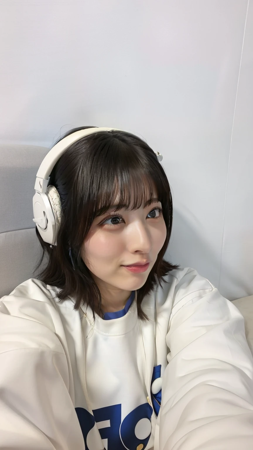 there is a young girl wearing earphone sitting on a couch, 带earphone, with earphone, wearing earphone, Chiho, 8K!!, 佩戴earphone, earphone on, 戴着游戏earphone, Listen to music at 2 a.m, 8K!, e-girl, e-girl, beast, Minami Zaiwa, earphone