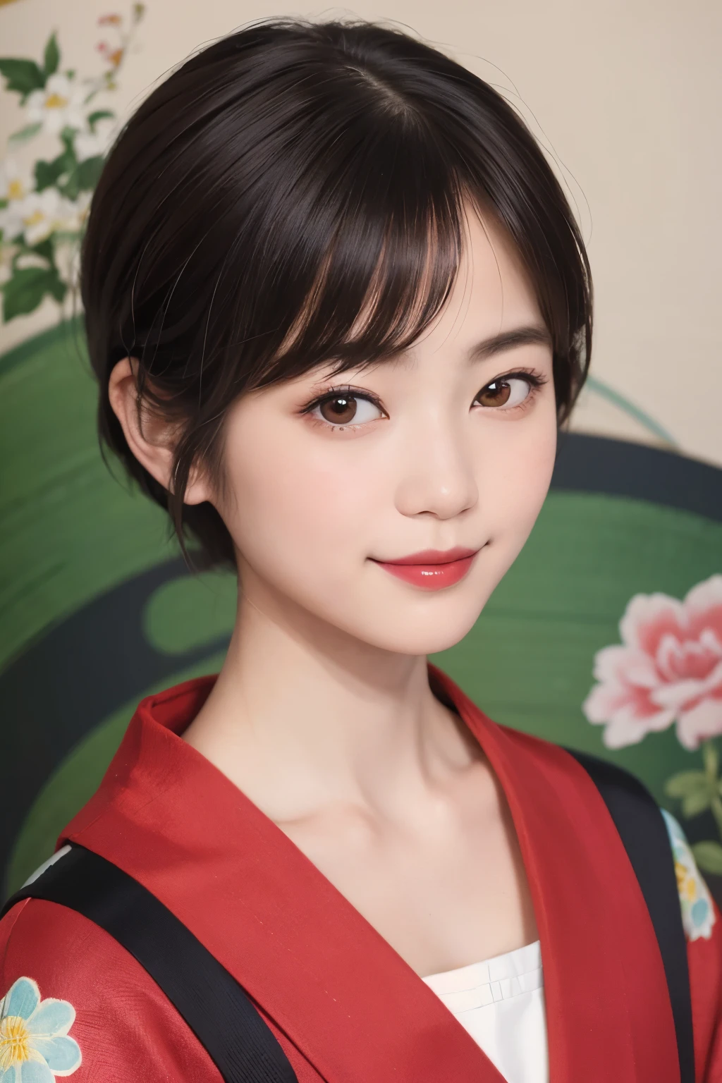 197 (snapdd00-Fp16), Japanese painting, woman, gentle smile, lipstick, short hair, Paintings by Shoen Uemura