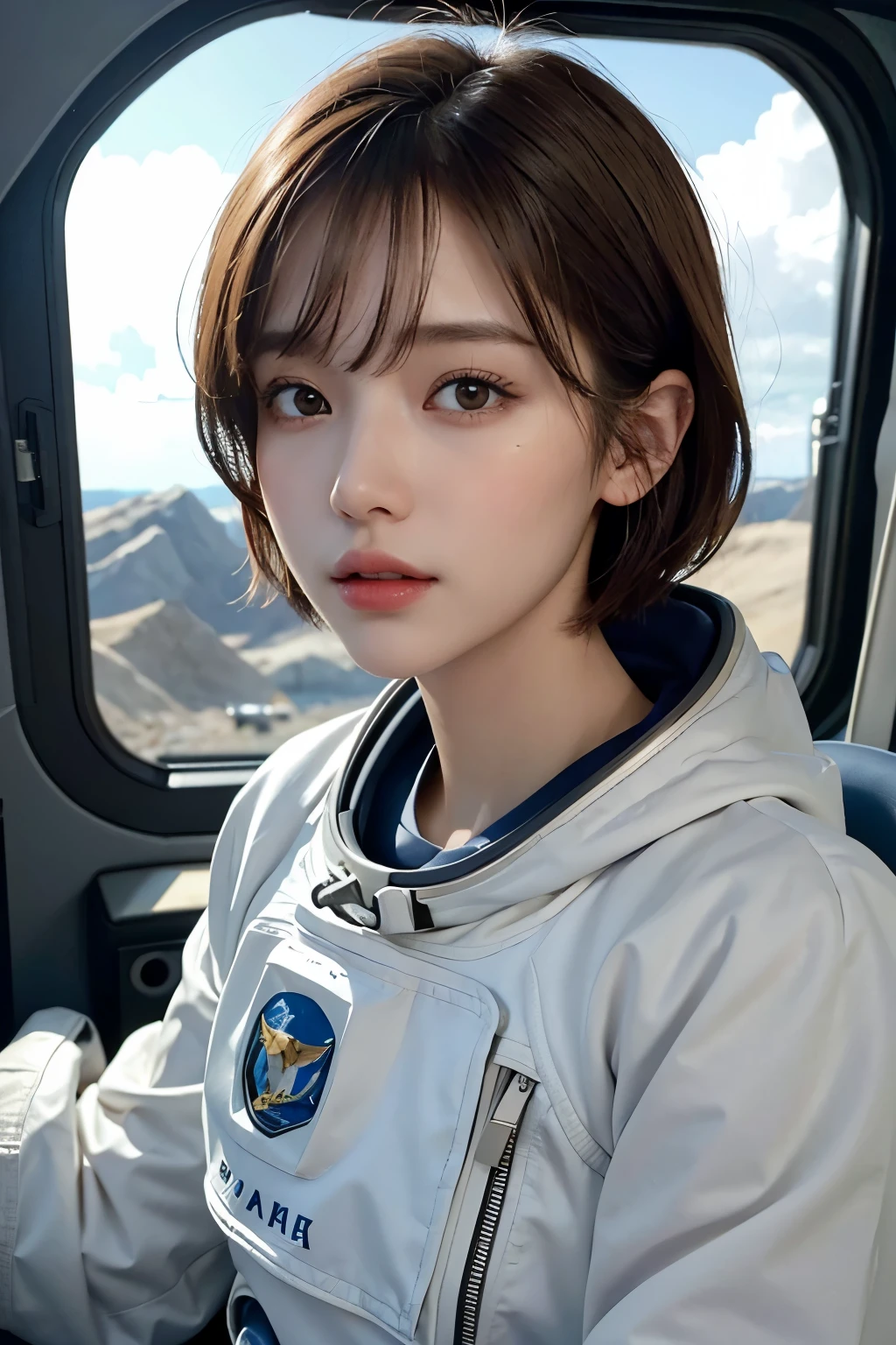 highest quality、masterpiece、ultra high resolution、(real:1.4)、Beautiful woman１、Beautiful details of eyes and skin、light brown short cut hair、small smile、latest space suit、space station、spaceship、Remains、cloudy sky、