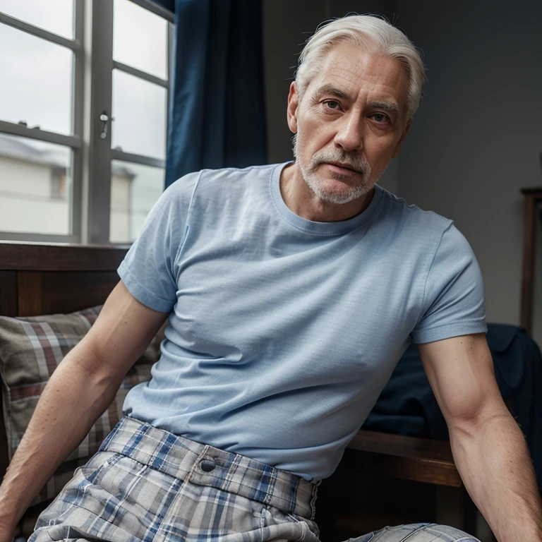 An old man with white hair, a thin face with angled cheeks, large eyes, a prominent nose, and a plaid cloth on his forehead. Slim and slender, wearing a blue round-neck shirt, short sleeves, open chest, straight-legged pants, knee-length, dark blue, a red and white striped shirt worn at the waist, holding a rifle. 