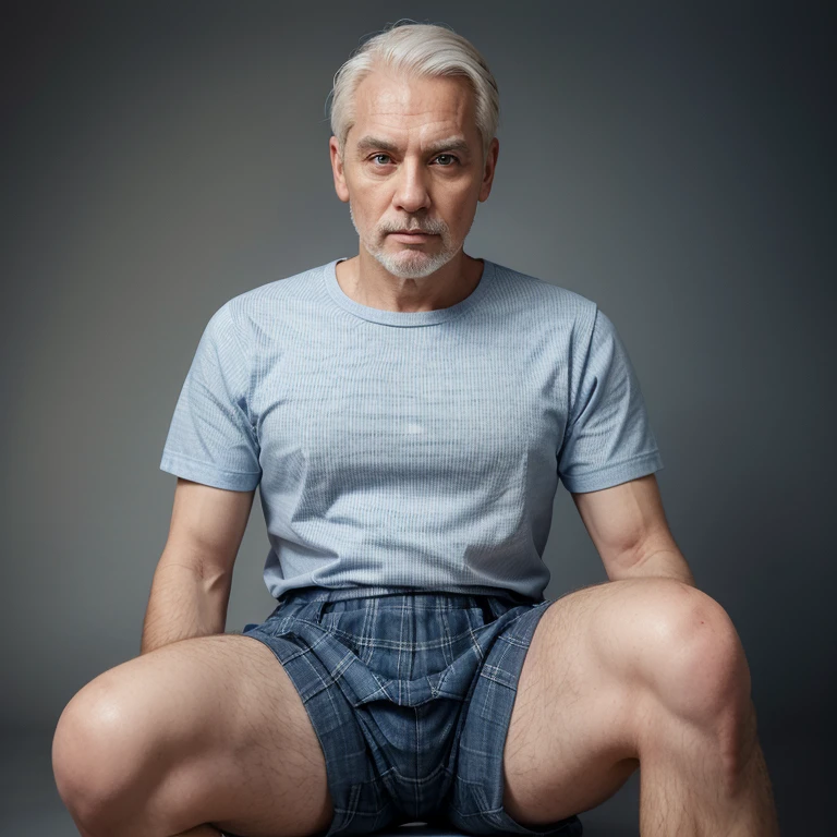 An old man with white hair, a thin face with angled cheeks, large eyes, a prominent nose, and a plaid cloth on his forehead. Slim and slender, wearing a blue round-neck shirt, short sleeves, open chest, straight-legged pants, knee-length, dark blue, a red and white striped shirt worn at the waist, holding a rifle. 