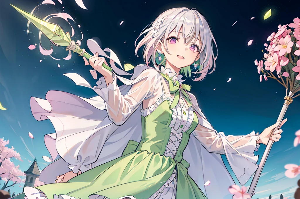 (best quality), (top-quality), (hight resolution), 8K images, (masterpiece), ((perfect face)), (detailed face), (detailed eyes), (clear lines), hair strand,Light skin, ((1girl)), (solo), beautiful fantasy anime, top rated on pixiv, ((short hair)), (expressive eyes), (perfect eyes), (((light_pink eyes))), perfect face, smiling, (white silver hair), (white hair), braided bangs, wind blowing hair, hair over eyes, earrings, {{{{{{{super flat chest}}}}}}}, {{{{{{{flat chest}}}}}}}, (flat chest), ((holding an magical ice scepter)), (aiming), (little silver tiara), (((lime green dress))), (((lime green outfit))), ((cape)), (frilly outfit), (lolita style), (lolita fashion), (cherry blossom), (many crystals), vintage style, (broken crystals), (in a gemstone sea), (night sky with full of stars), (magic circles), game spash art, fantasy, modern art, cool light --ar 3:2, (wide shot), excited pose