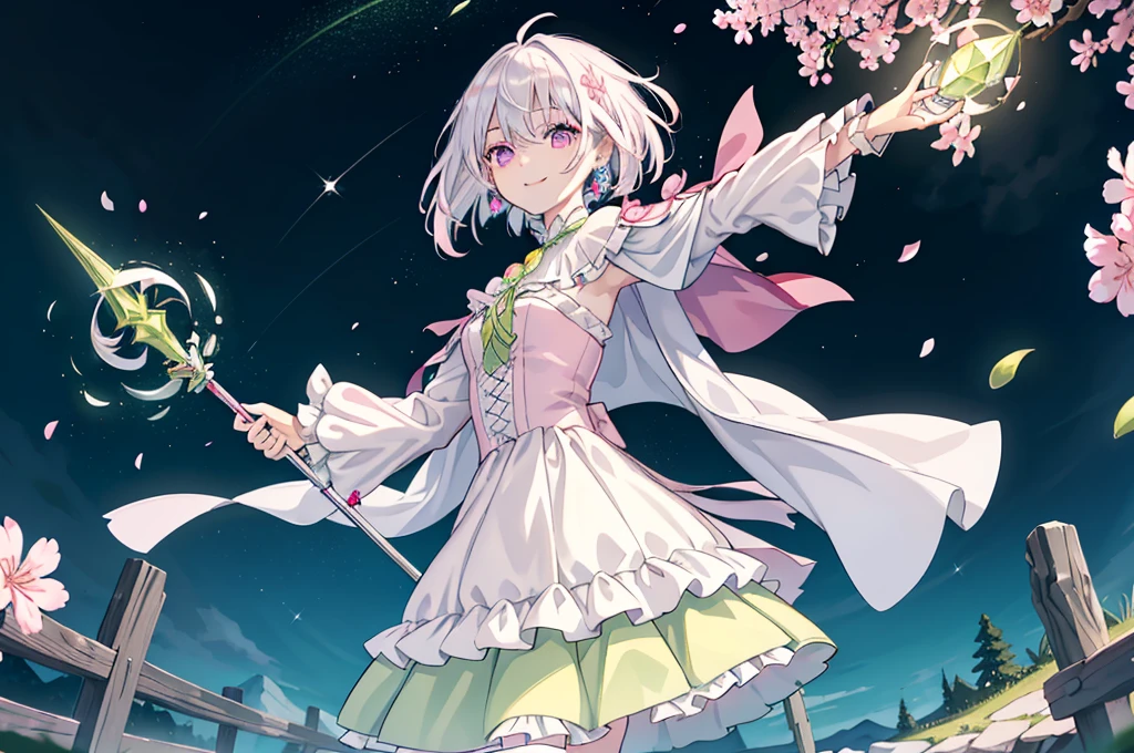 (best quality), (top-quality), (hight resolution), 8K images, (masterpiece), ((perfect face)), (detailed face), (detailed eyes), (clear lines), hair strand,Light skin, ((1girl)), (solo), beautiful fantasy anime, top rated on pixiv, ((short hair)), (expressive eyes), (perfect eyes), (((light_pink eyes))), perfect face, smiling, (white silver hair), (white hair), braided bangs, wind blowing hair, hair over eyes, earrings, {{{{{{{super flat chest}}}}}}}, {{{{{{{flat chest}}}}}}}, (flat chest), ((holding an magical ice scepter)), (aiming), (little silver tiara), (((lime green dress))), (((lime green outfit))), ((cape)), (frilly outfit), (lolita style), (lolita fashion), (cherry blossom), (many crystals), vintage style, (broken crystals), (in a gemstone sea), (night sky with full of stars), (magic circles), game spash art, fantasy, modern art, cool light --ar 3:2, (wide shot), excited pose