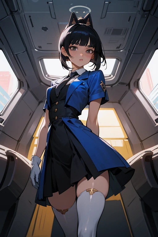 masterpiece
Anime-style illustration,
Showcasing a solo girl, radiant,
In a stunning collared dress, short sleeves,
Complemented by a chic, blue jacket.
Her long, luxurious black hair, low ponytails,
Or bob cut, framing her captivating face.
Thigh-high stockings accentuate her wide hips,
White gloves extend up to her elbows, classy.
A tie and headgear add that final touch,
Elegance personified, she stands with poise,
Within a spaceship's interior, intricate details,
A highly detailed background shines,
Impe