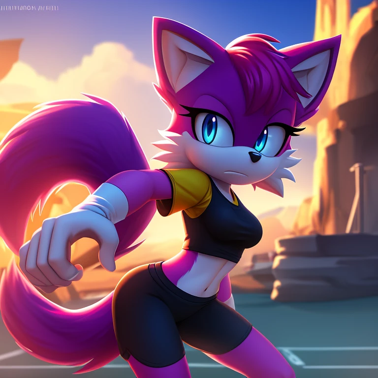 Tonic girl mobian, female mobian, medium breasts, tonic body, fit, magenta hair, (magenta fur:1.5), turquoise eyes, determined, sports shirt, sports shorts, masterpiece, best quality, ultra-detailed, cinematic lighting, beautiful lighting, detailed background.