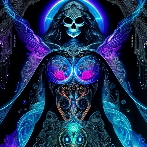 (best quality,4k,8k,highres,masterpiece:1.2), ultra-detailed,highest detail,wide angle,a goddess of death,walking through the ether,the galaxy,(body horror:1.4),bright colors,vibrant colors,wearing a beautiful gown,flowing transparent gown,perfect gown, (biomachine:1.3), (bloody:1.2),perfect skull, perfect skeleton,beautiful skull,waves of blue light,light emanating from the goddess,death incarnate,omniscient being(colorful:-1.0), peaceful,iridescent,pearlescent, (machine:1.3), Hans Giger, (zentangle:1.2), black color scheme, glitter,sparkling in the background,graceful,peaceful.