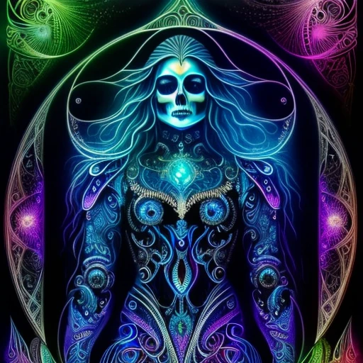 (best quality,4k,8k,highres,masterpiece:1.2), ultra-detailed,highest detail,wide angle,a goddess of death,walking through the ether,the galaxy,(body horror:1.4),bright colors,vibrant colors,wearing a beautiful gown,flowing transparent gown,perfect gown, (biomachine:1.3), (bloody:1.2),perfect skull, perfect skeleton,beautiful skull,waves of blue light,light emanating from the goddess,death incarnate,omniscient being(colorful:-1.0), peaceful,iridescent,pearlescent, (machine:1.3), Hans Giger, (zentangle:1.2), black color scheme, glitter,sparkling in the background,graceful,peaceful.