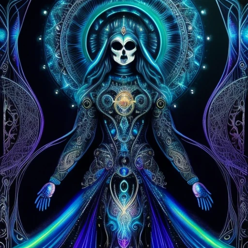 (best quality,4k,8k,highres,masterpiece:1.2), ultra-detailed,highest detail,wide angle,a goddess of death,walking through the ether,the galaxy,(body horror:1.4),bright colors,vibrant colors,wearing a beautiful gown,flowing transparent gown,perfect gown, (biomachine:1.3), (bloody:1.2),perfect skull, perfect skeleton,beautiful skull,waves of blue light,light emanating from the goddess,death incarnate,omniscient being(colorful:-1.0), peaceful,iridescent,pearlescent, (machine:1.3), Hans Giger, (zentangle:1.2), black color scheme, glitter,sparkling in the background,graceful,peaceful.