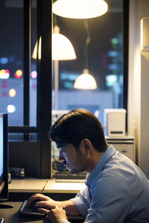 late night　PC office worker, middle-aged man, 40 years old, programmer　Overtime back view short hair