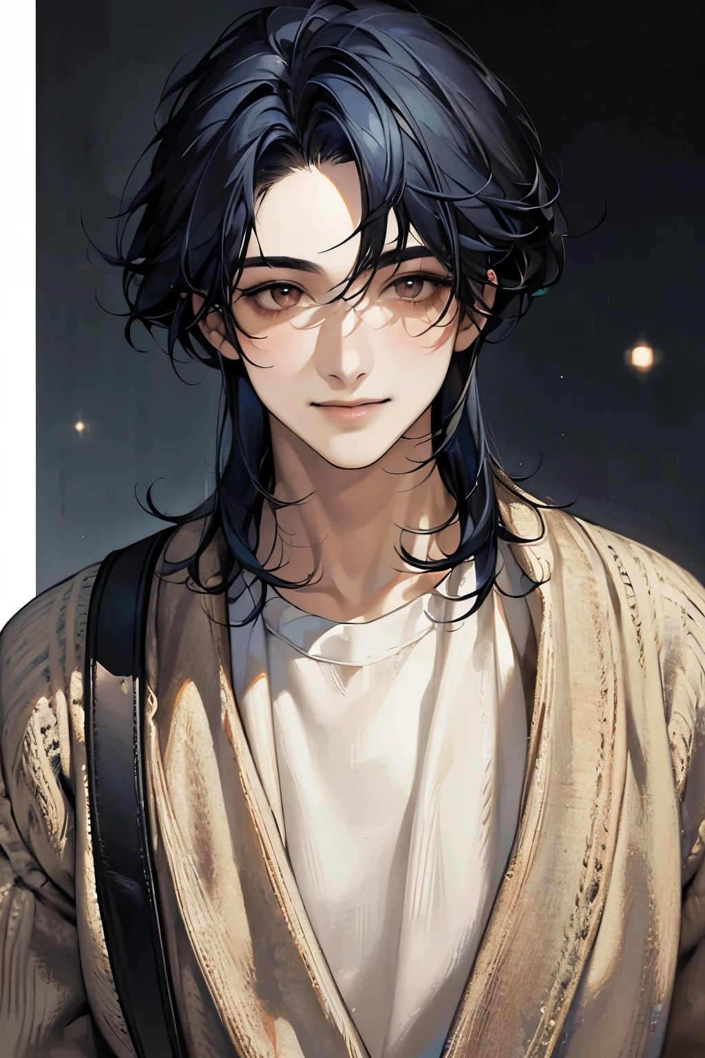 (best quality,4k,8k,highres,masterpiece:1.2),ultra-detailed,solo,male,black hair,medium hair,blue hair tips,brown eyes,casual clothes,smile facial,detailed features,beautiful detailed eyes,natural lighting,vivid colors,subtle bokeh