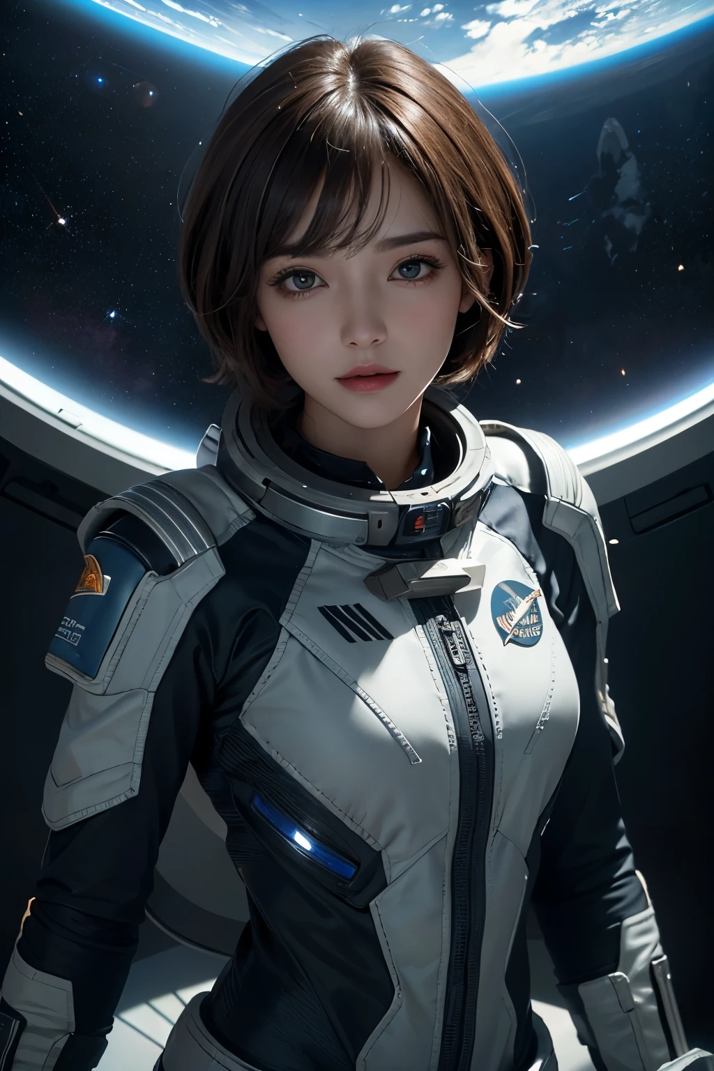 highest quality、masterpiece、ultra high resolution、(real:1.4)、Beautiful woman1、Beautiful details of eyes and skin、light brown short cut hair、small smile、latest space suit、space station、spaceship、Remains、cloudy sky、