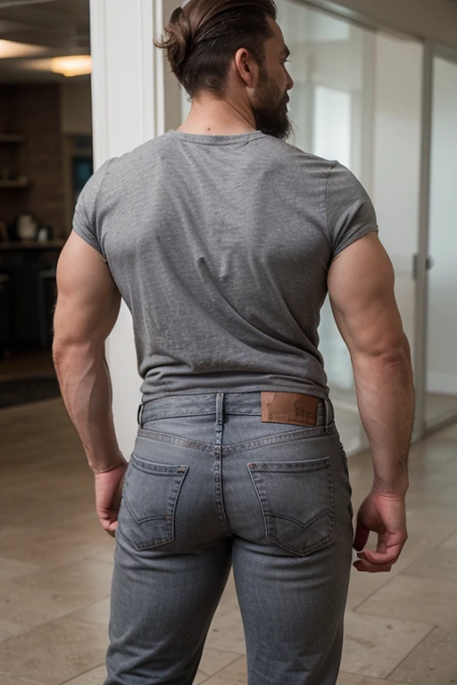muscular manly man, 40 years old, full length, beard, turning to the camera, gray jeans. Backside