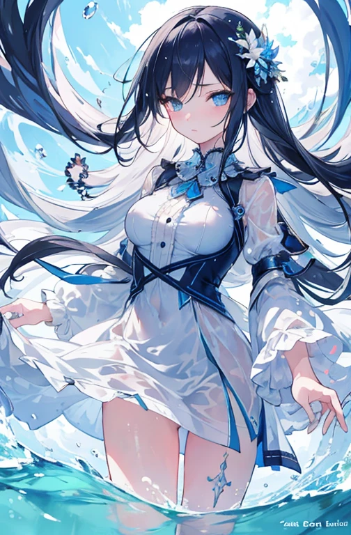 masterpiece, best quality, ultra-detailed, 1girl, beautiful detailed eyes, detailed wet clothes, blank stare, floating, beautiful detailed sky, on beautiful detailed water, dynamic angle, overexposure, illustration
