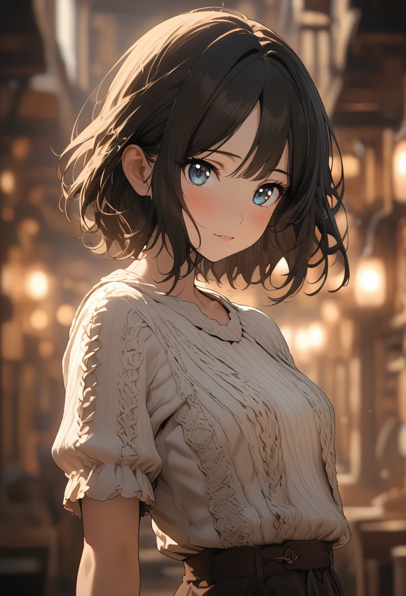 Short hair and white summer knit, summer knit, short hair, short hair with bangs, Cute face girl, Cute and delicate face in portrait, French Bob, fair skin!!, 棕色short hair和大眼睛, Soft portrait shots in 8K, beautiful bright big eyes, beautiful young girl, Young girl with bob hairstyle, Best image quality, masterpiece, Notes of Leonardo da Vinci, Set against the backdrop of Leonardo da Vinci's manuscripts
