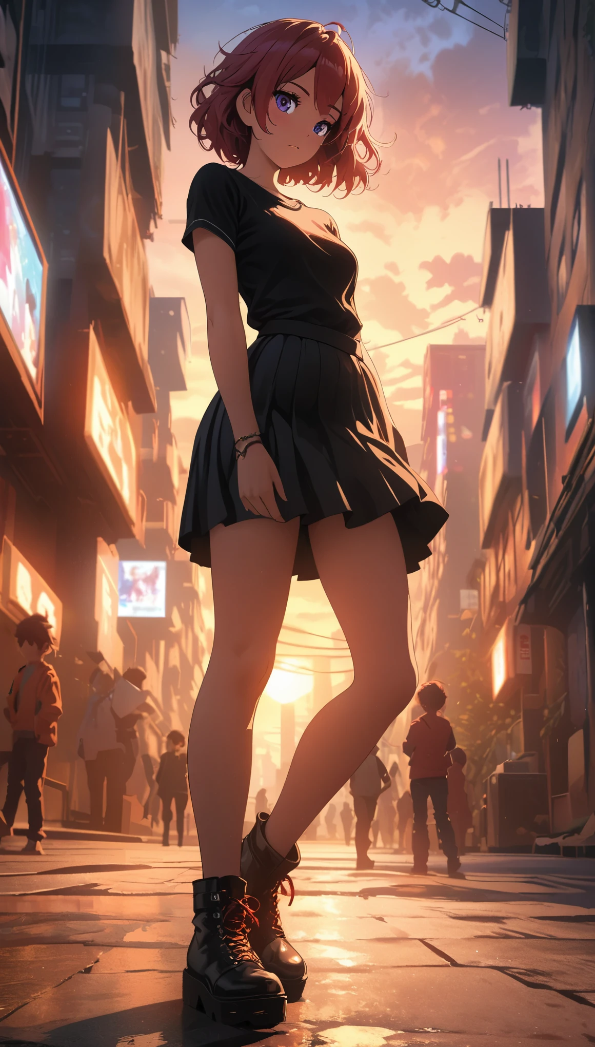 Hojo Tsukasa manga style,((Best Illustration)) brazilian girl, Red hair, body, black top, black bodycon skirt, black boots, city View, architecture, Skyline, Sunset, Silhouette of clouds, Contemplative. ,Horizontal viewing angle,rich and colorful,Japanese manga artist Tsukasa Hojo'style,depth of field,White background,Overclocked renderer,movie lighting,Ultra-fine,super detailed,CG art,