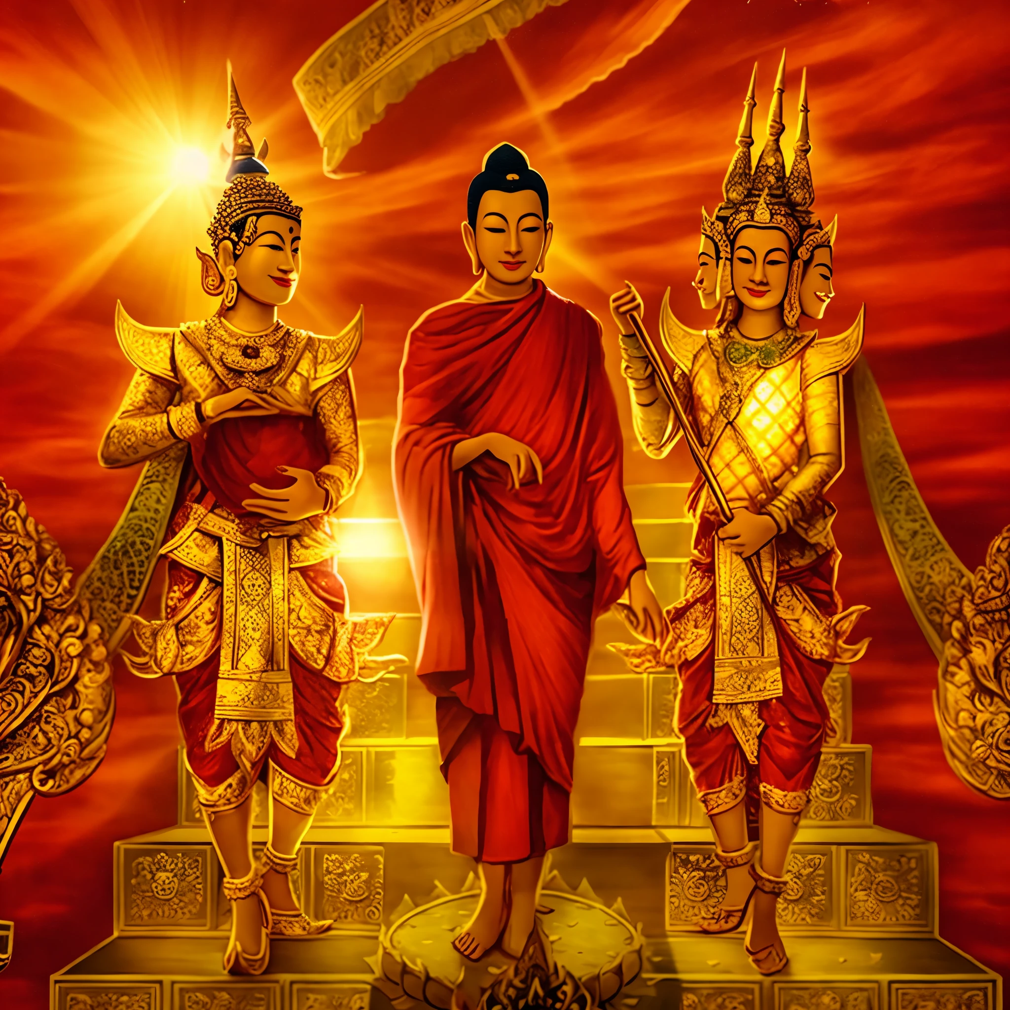 there are three men standing on a set of steps with a sun in the background, buddhism, buddhist, samsara, puṣkaracūḍa, the buddha, attractive male deity, nivanh chanthara, patiphan sottiwilaiphong, on path to enlightenment, artist unknown, 3 spring deities