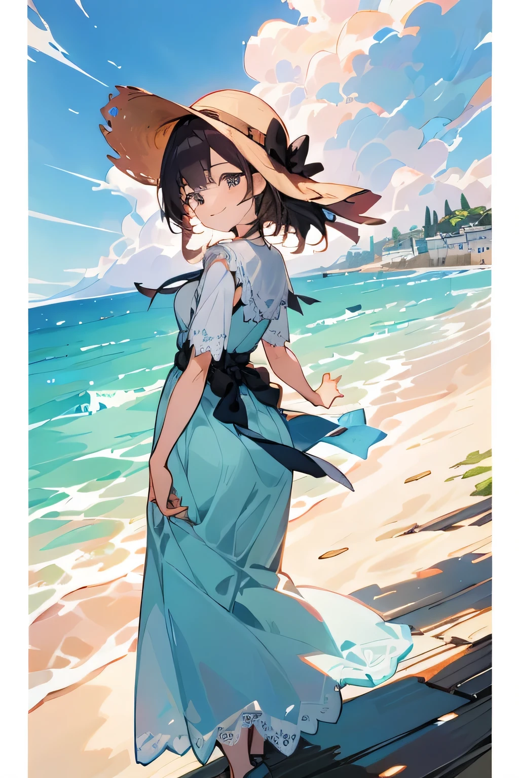 (masterpiece:1.2, highest quality), (very detailed:1.3), Perfect anime illustration of a  girl in a long dress, hat with brim, panty shot, Wind, Upskirt with strong wind, (light blue detailed lace panties), end, from behind, whole body, at the seaside, mediterranean town, wood, smile, summer, warm, bright,