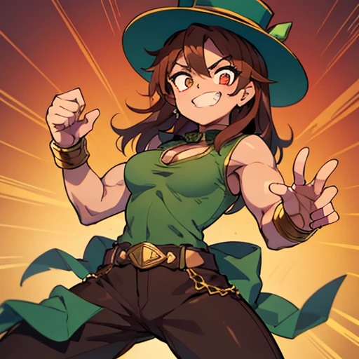 Women,muscular,elegant,brown hair,Green top hat,manos de luchadora,sonrisa rabiosa,pants,polo,fighting pose,Open hands towards the viewer