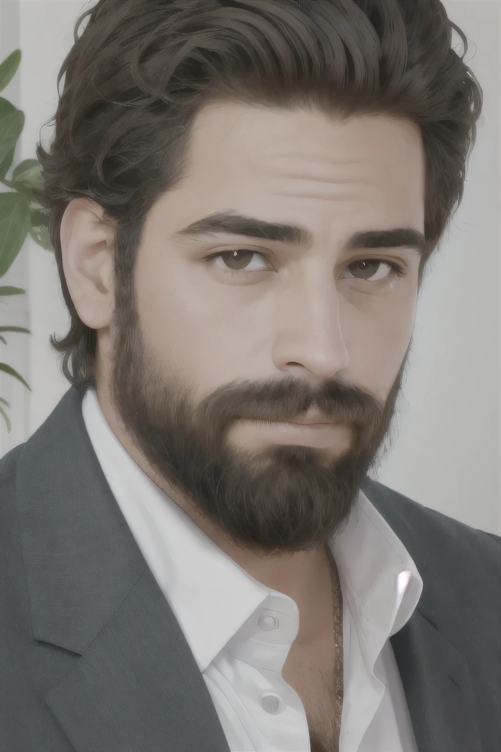 estilo realista, 32 year old young man, PELO NEGRO, tono de piel blanca, barba con cara suave
