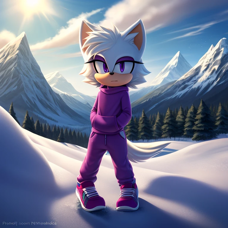 mobian polar wolf, white fur, white hair, short hair, white body, purple eyes, male, full body, (athletic:0.3), mountain, snow, purple sweater, sweatpants, Masterpiece, high quality, studio quality, intricate details, 4k, solo, ((masterpiece)), high quality, ((2d, 2d art)), ((sharp, expressive eyes)), (detailed colors, detailed shading), detailed background