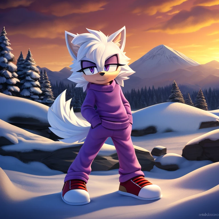 mobian polar wolf, white fur, white hair, short hair, white body, purple eyes, male, full body, (athletic:0.3), mountain, snow, purple sweater, sweatpants, Masterpiece, high quality, studio quality, intricate details, 4k, solo, ((masterpiece)), high quality, ((2d, 2d art)), ((sharp, expressive eyes)), (detailed colors, detailed shading), detailed background
