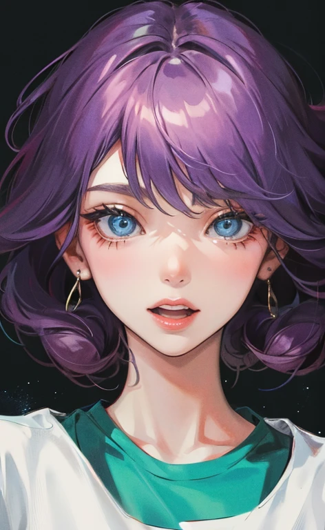 (((1 woman)))、(highest resolution、clear_image) best quality、(((pop)))、1990s、((colorful background))、((illuminate))、very detailed、semi-realistic、sky blue hair、((hairstyle I made、laughter、bangs、25 years old、young、((T-shirt))、delicate facial features facial features、((fine eyes))