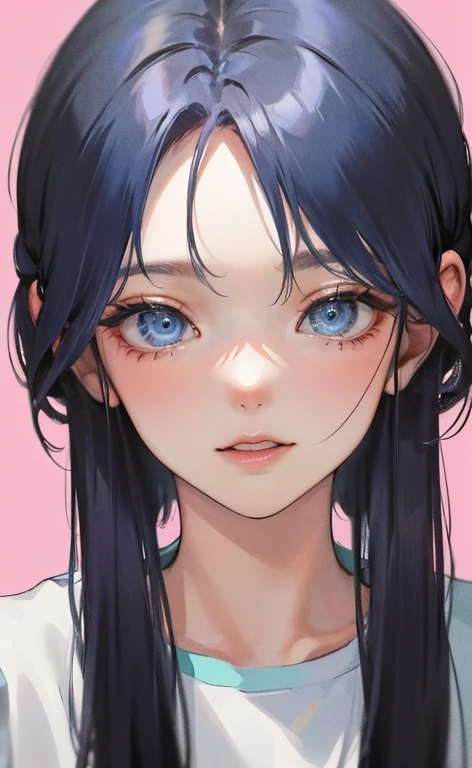 (((1 woman)))、(highest resolution、clear_image) best quality、(((pop)))、1990s、((colorful background))、((illuminate))、very detailed、semi-realistic、sky blue hair、((hairstyle I made、laughter、bangs、25 years old、young、((T-shirt))、delicate facial features facial features、((fine eyes))